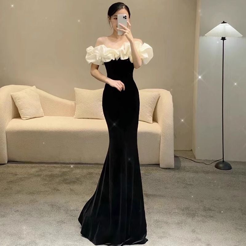 Black Evening Dress Style French One-Shoulder Accessible Luxury Elegant Slimming Look Celebrity Host Fishtail - Image 2
